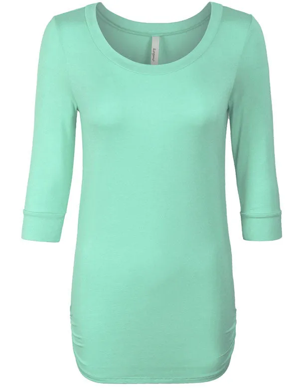 3/4 Sleeve Solid Basic Drape Top Side Shirring Tunic