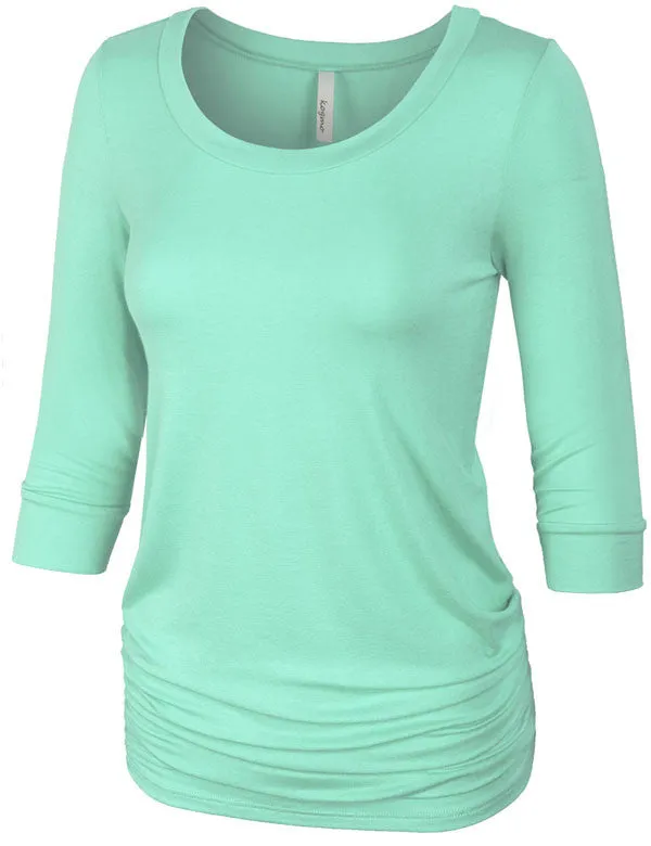 3/4 Sleeve Solid Basic Drape Top Side Shirring Tunic