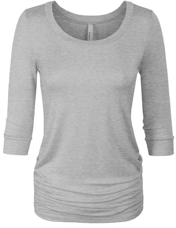3/4 Sleeve Solid Basic Drape Top Side Shirring Tunic