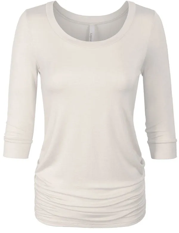 3/4 Sleeve Solid Basic Drape Top Side Shirring Tunic