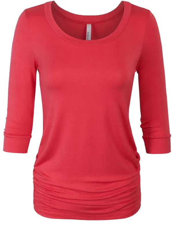 3/4 Sleeve Solid Basic Drape Top Side Shirring Tunic