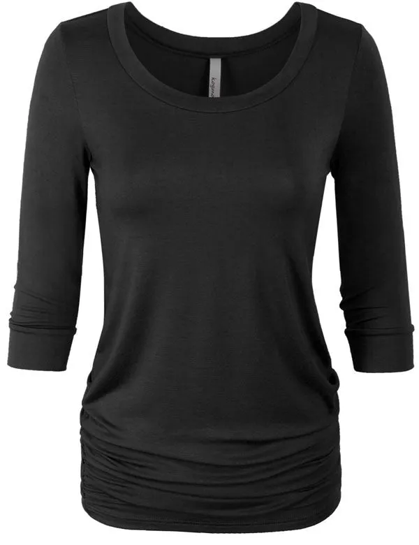 3/4 Sleeve Solid Basic Drape Top Side Shirring Tunic