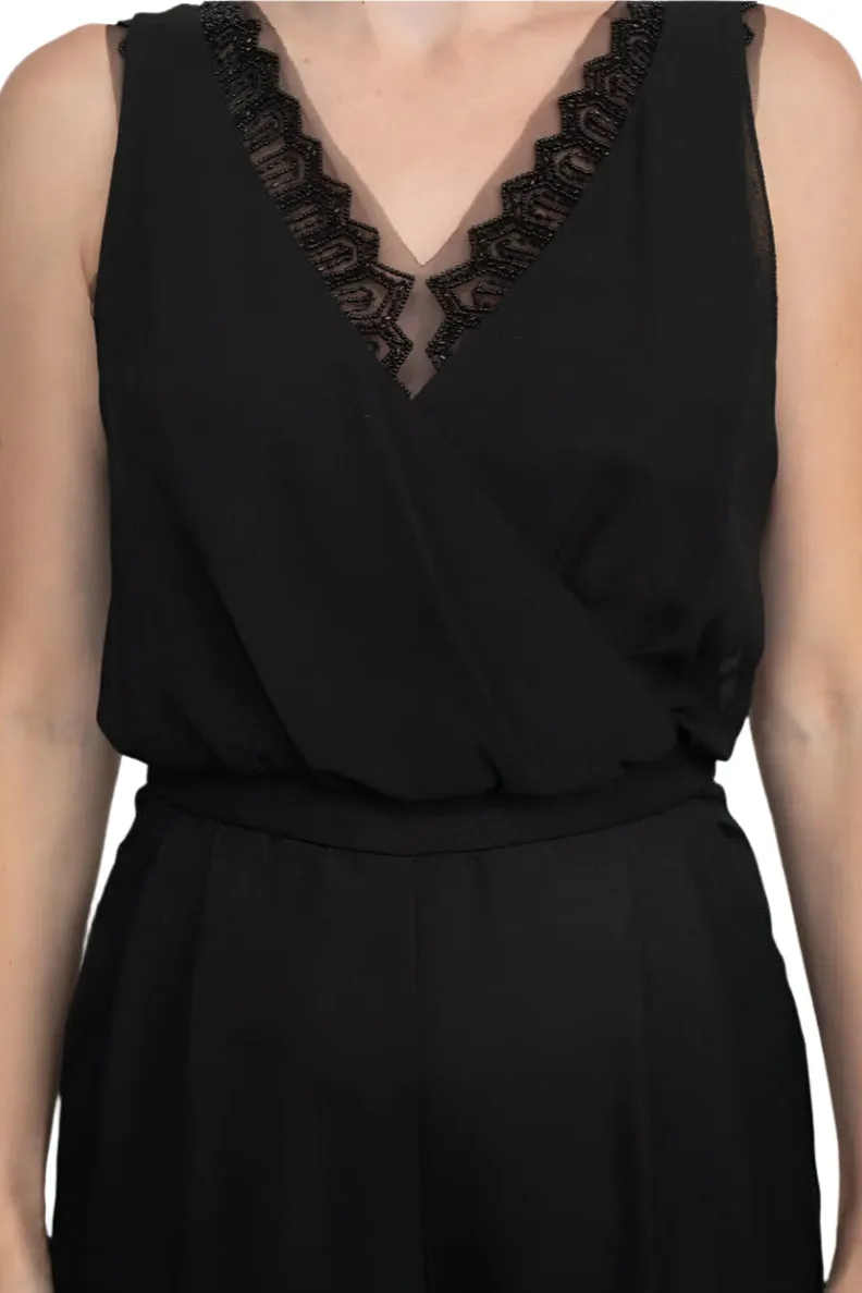 Adrianna Papell Scalloped V-Neck Sleeveless Zipper Back Solid Mesh Chiffon Jumpsuit