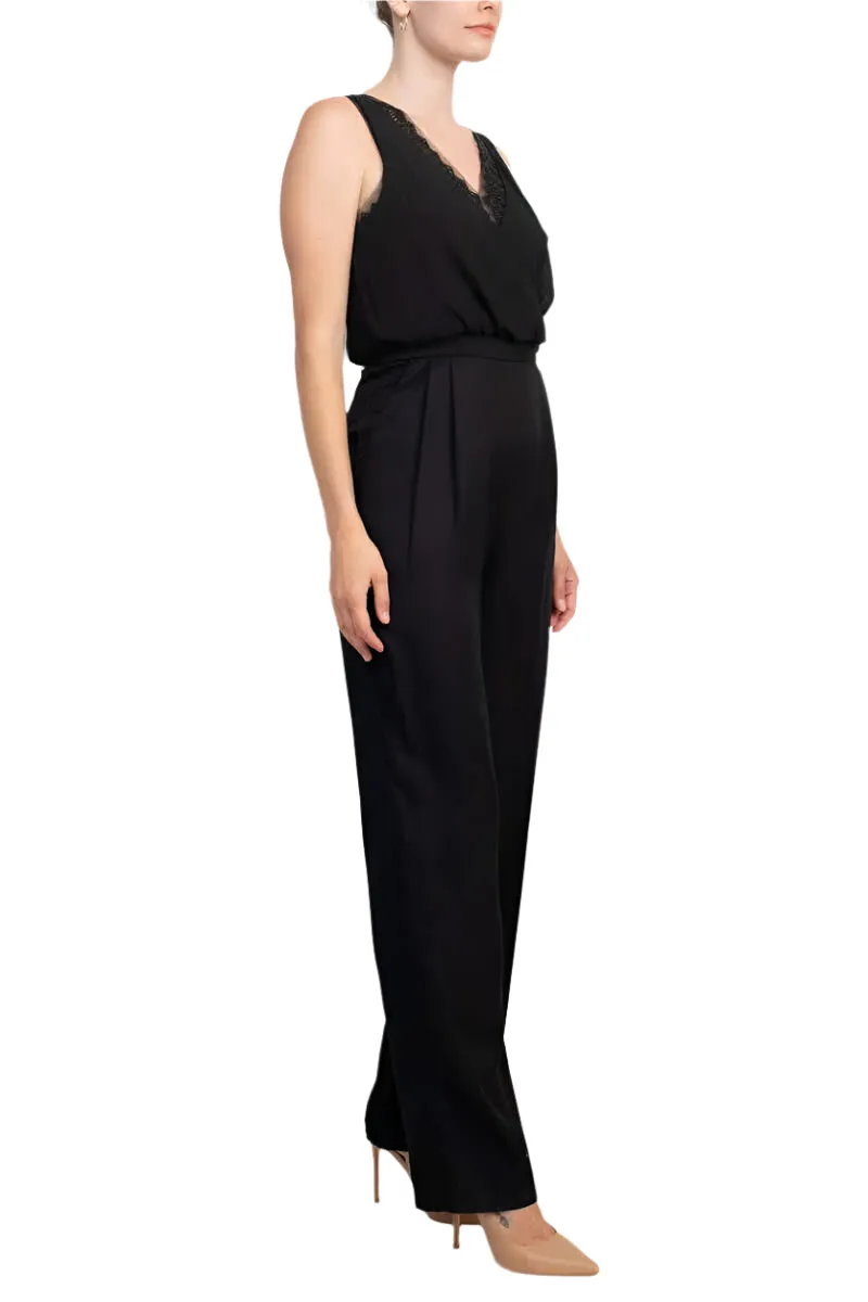 Adrianna Papell Scalloped V-Neck Sleeveless Zipper Back Solid Mesh Chiffon Jumpsuit