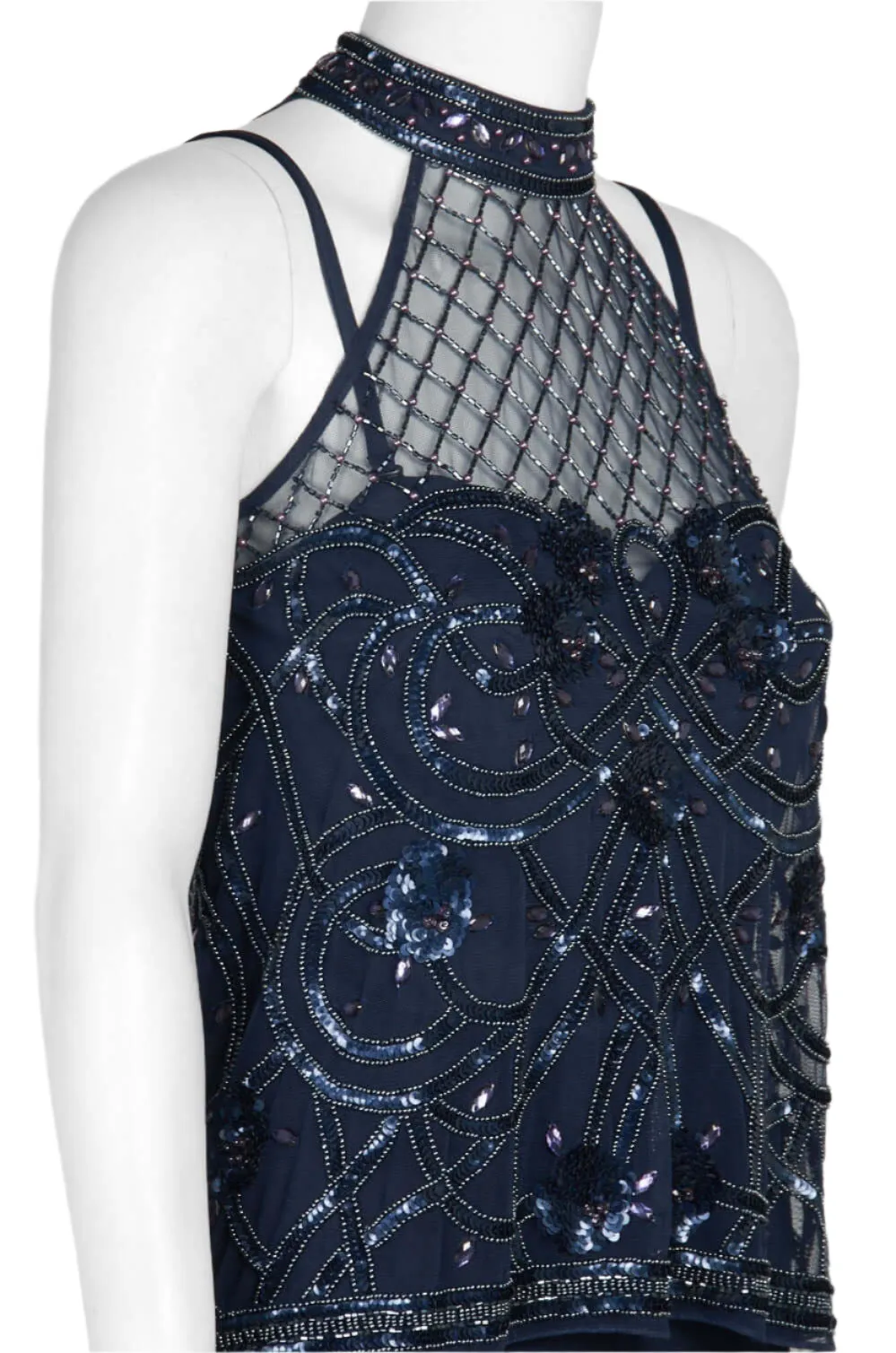 Aidan Mattox Halter Neck Illusion Embellished Popover Keyhole Back Mesh Stretch Crepe Jumpsuit