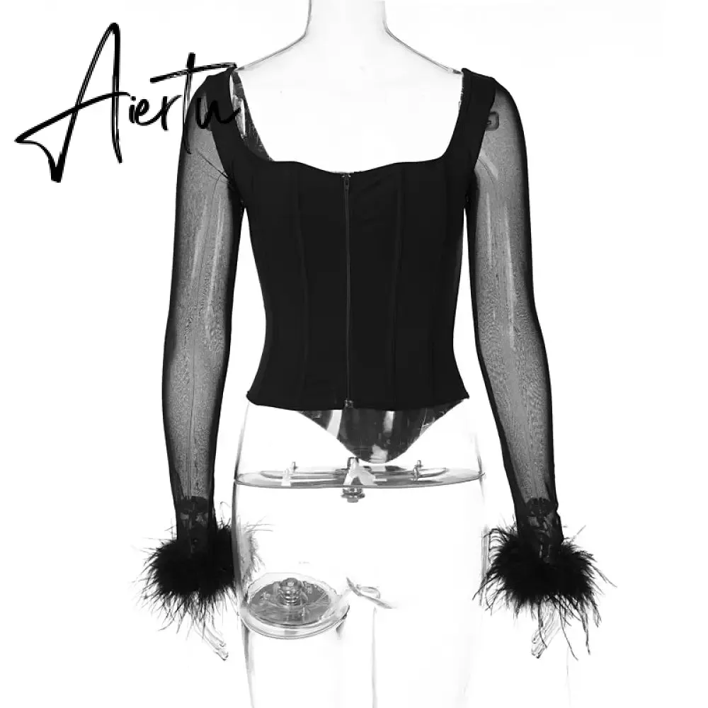 Aiertu Mesh Bright Line Solid Fur Square Neck Zipper See Though Bodysuit  Summer Sexy Bodycon Streetwear Casual Wear Y2K