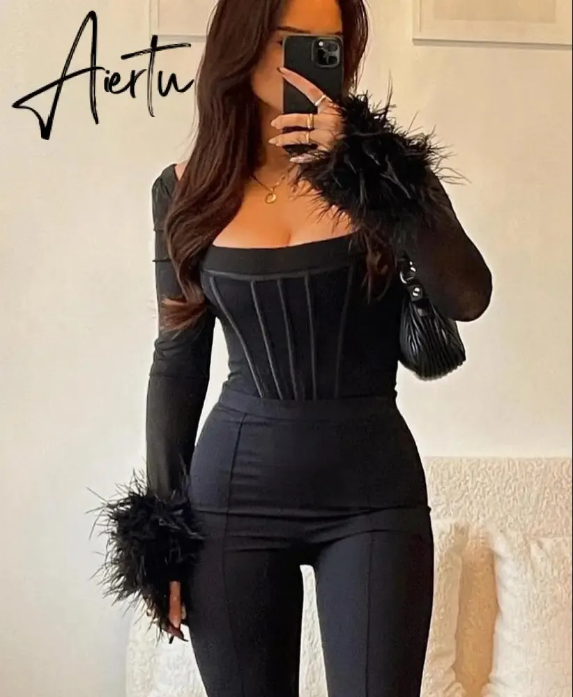 Aiertu Mesh Bright Line Solid Fur Square Neck Zipper See Though Bodysuit  Summer Sexy Bodycon Streetwear Casual Wear Y2K