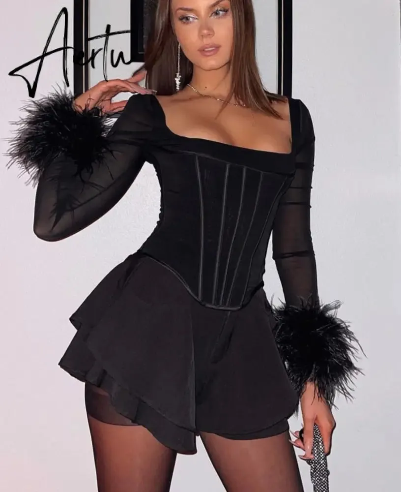 Aiertu Mesh Bright Line Solid Fur Square Neck Zipper See Though Bodysuit  Summer Sexy Bodycon Streetwear Casual Wear Y2K