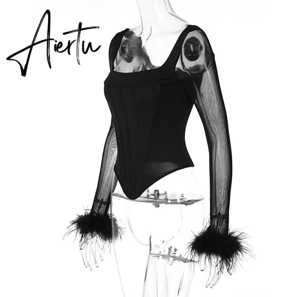Aiertu Mesh Bright Line Solid Fur Square Neck Zipper See Though Bodysuit  Summer Sexy Bodycon Streetwear Casual Wear Y2K