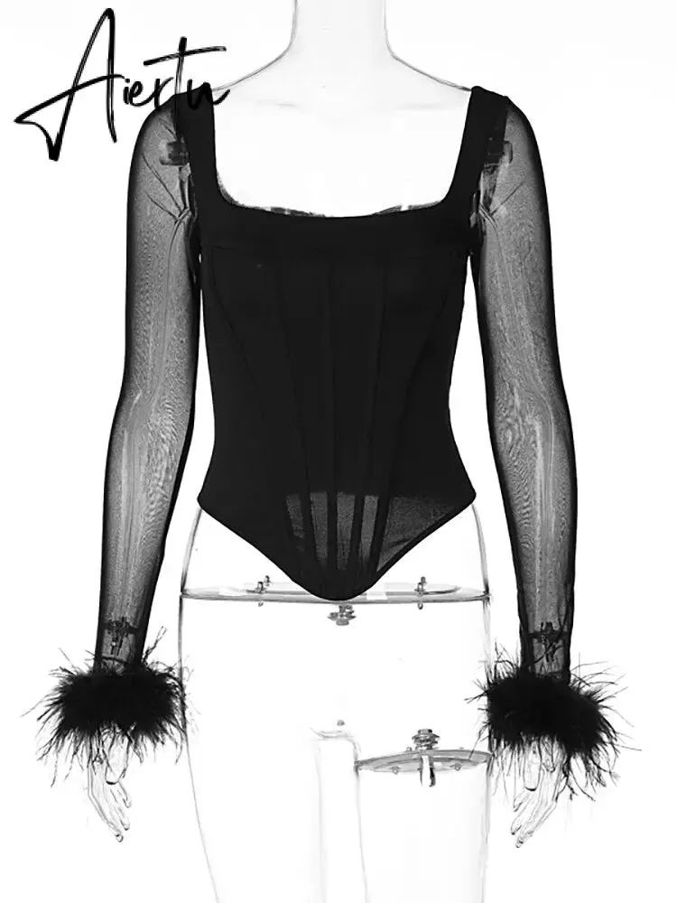 Aiertu Mesh Bright Line Solid Fur Square Neck Zipper See Though Bodysuit  Summer Sexy Bodycon Streetwear Casual Wear Y2K