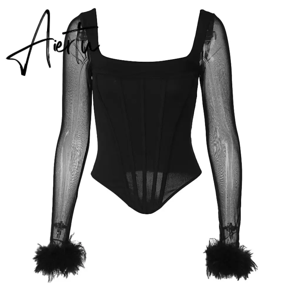 Aiertu Mesh Bright Line Solid Fur Square Neck Zipper See Though Bodysuit  Summer Sexy Bodycon Streetwear Casual Wear Y2K