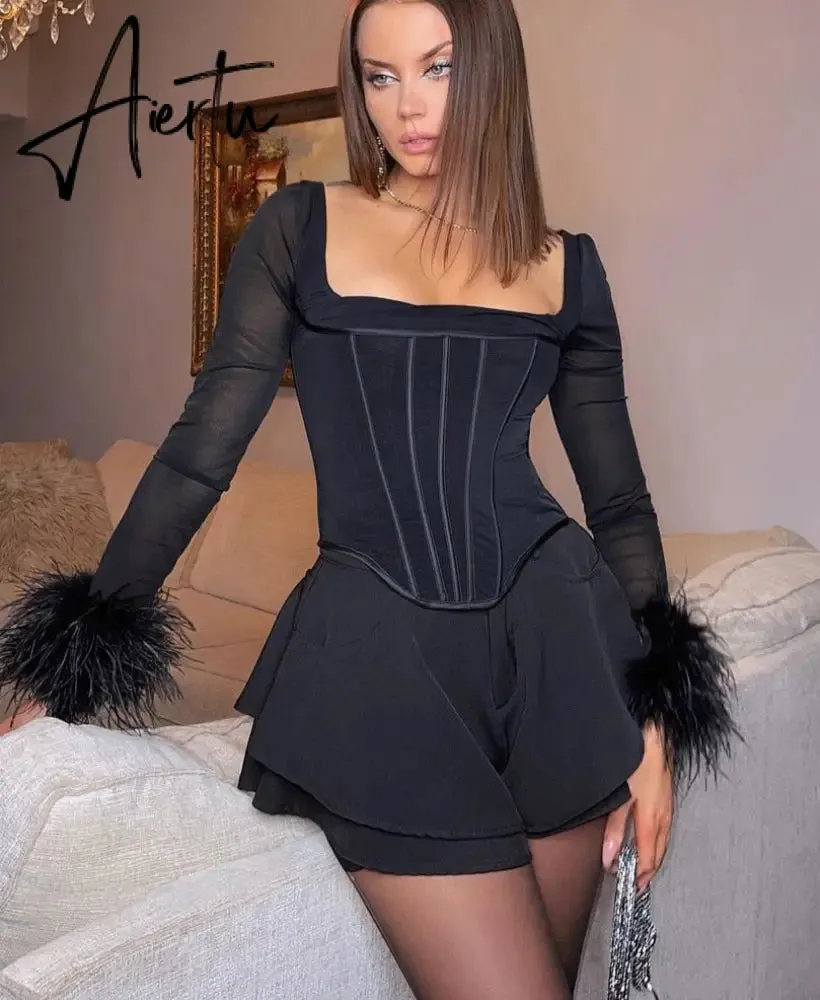 Aiertu Mesh Bright Line Solid Fur Square Neck Zipper See Though Bodysuit  Summer Sexy Bodycon Streetwear Casual Wear Y2K
