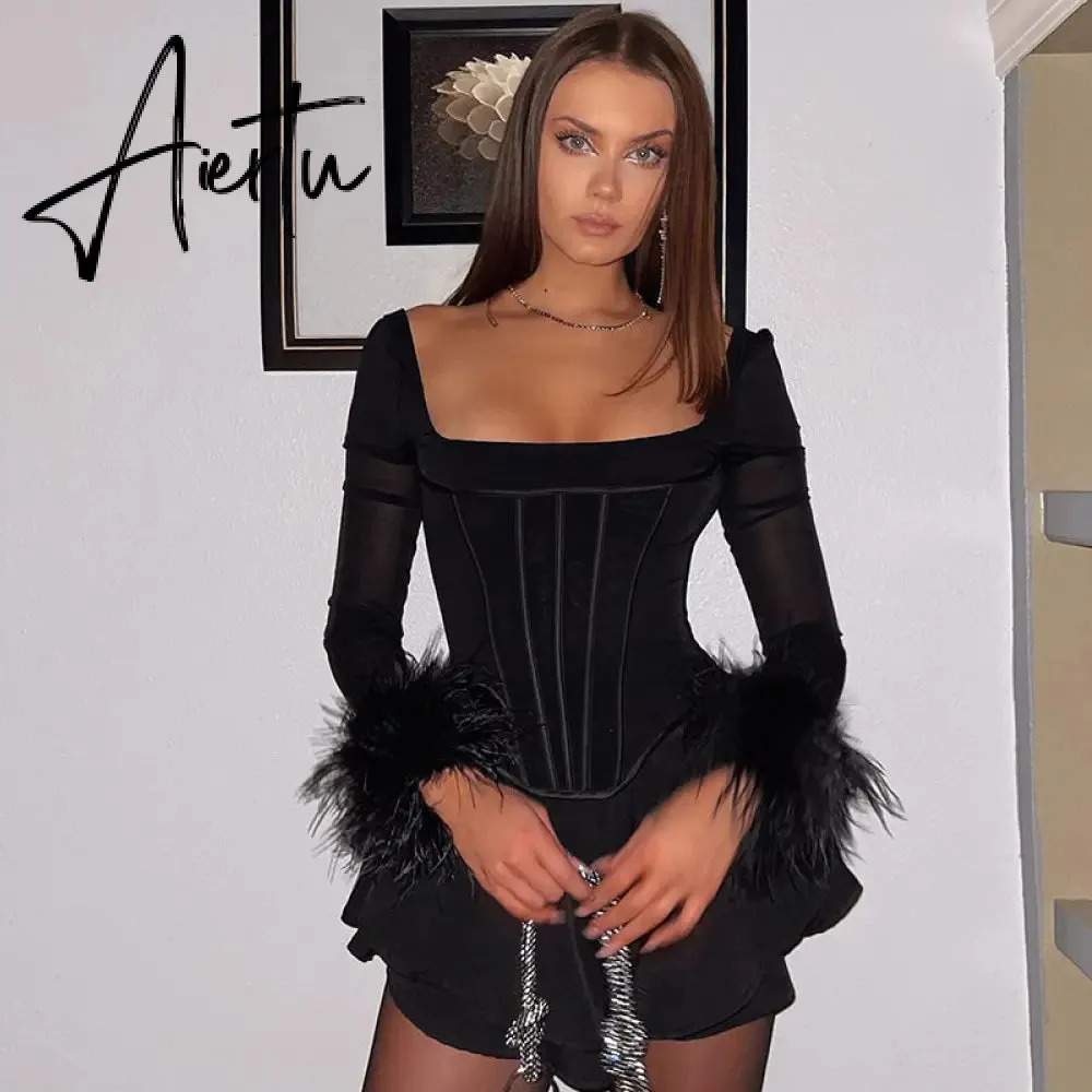 Aiertu Mesh Bright Line Solid Fur Square Neck Zipper See Though Bodysuit  Summer Sexy Bodycon Streetwear Casual Wear Y2K