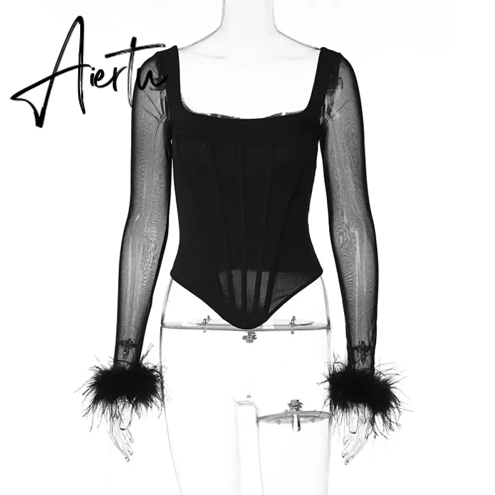 Aiertu Mesh Bright Line Solid Fur Square Neck Zipper See Though Bodysuit  Summer Sexy Bodycon Streetwear Casual Wear Y2K