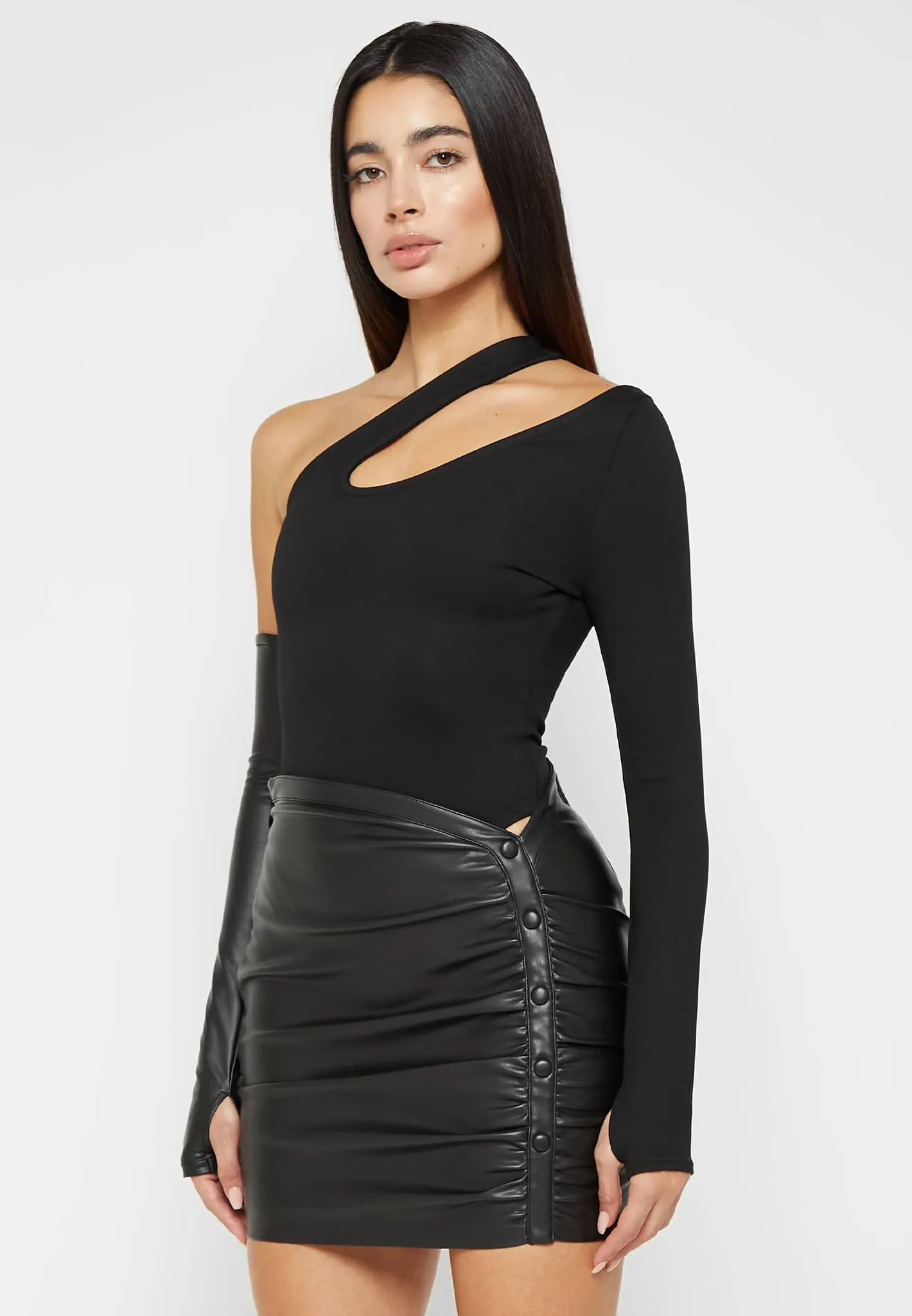 Asymmetric Bodysuit with Leather Sleeve - Black
