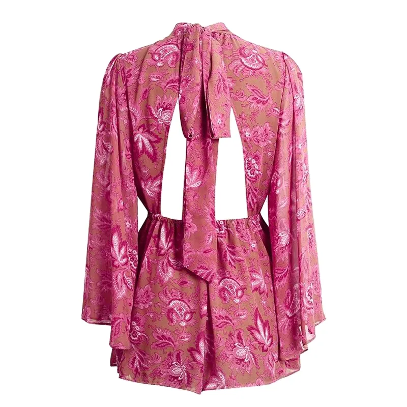 Backless Lace Up Floral Women Jumpsuit Romper Female Print Bodysuit Sexy Summer Overalls Playsuit Catsuit Leotard