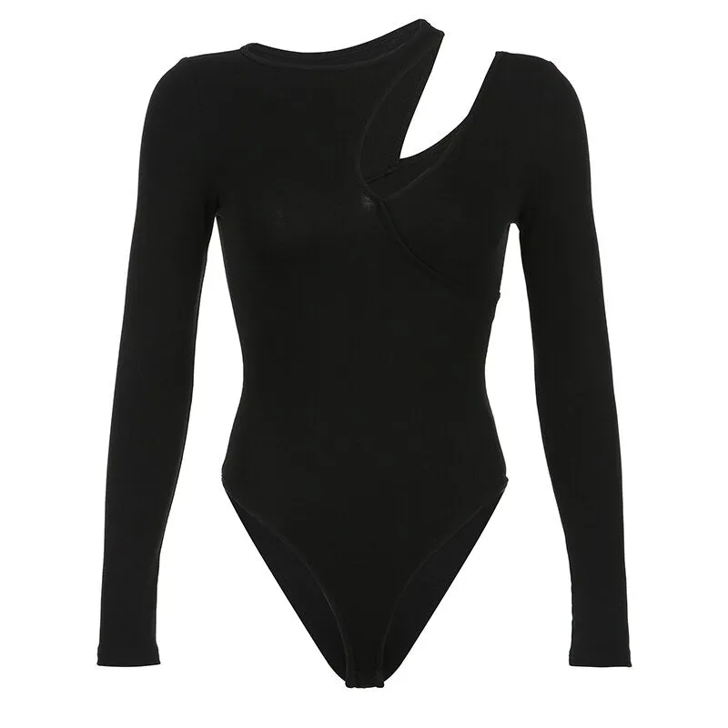 Black Asymmetrical Design Slim Bodysuit
