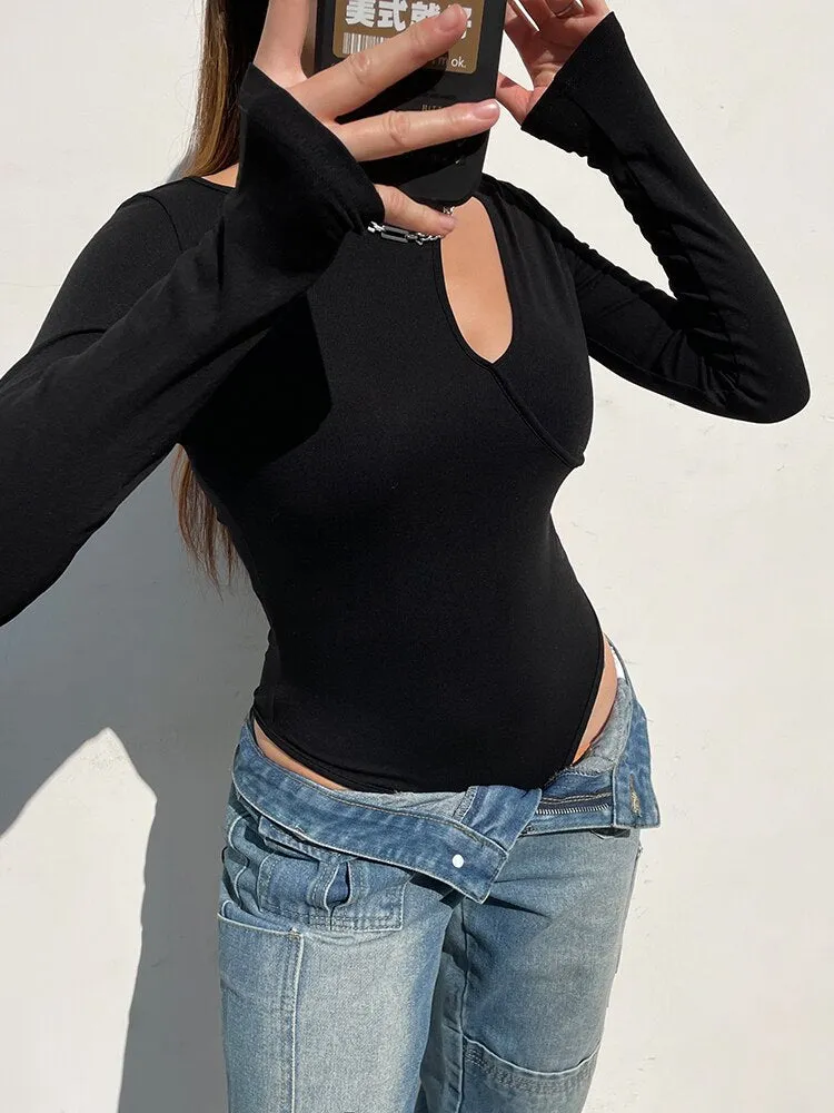 Black Asymmetrical Design Slim Bodysuit