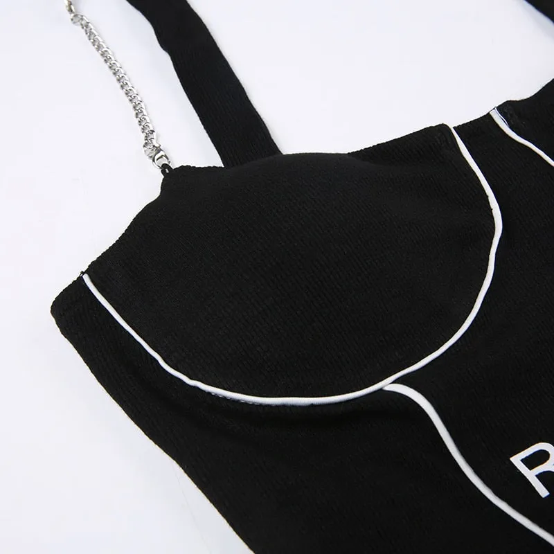 Black Chain Strap Letter Print Bodysuit