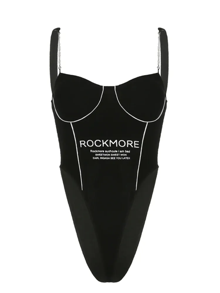 Black Chain Strap Letter Print Bodysuit