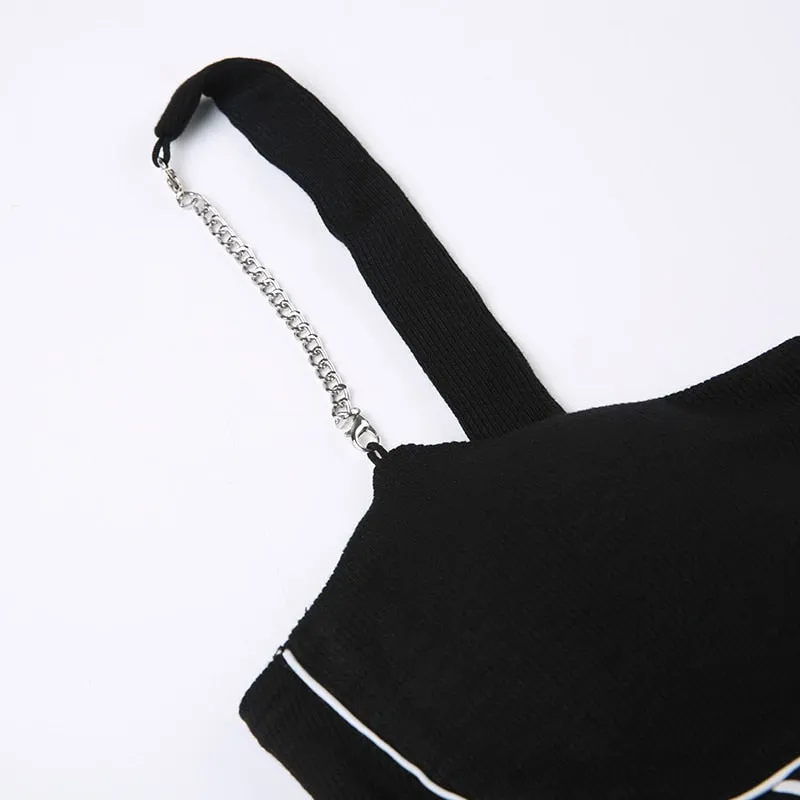 Black Chain Strap Letter Print Bodysuit
