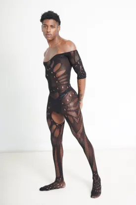 Black Hollow Mesh Sleeve Bodysuit