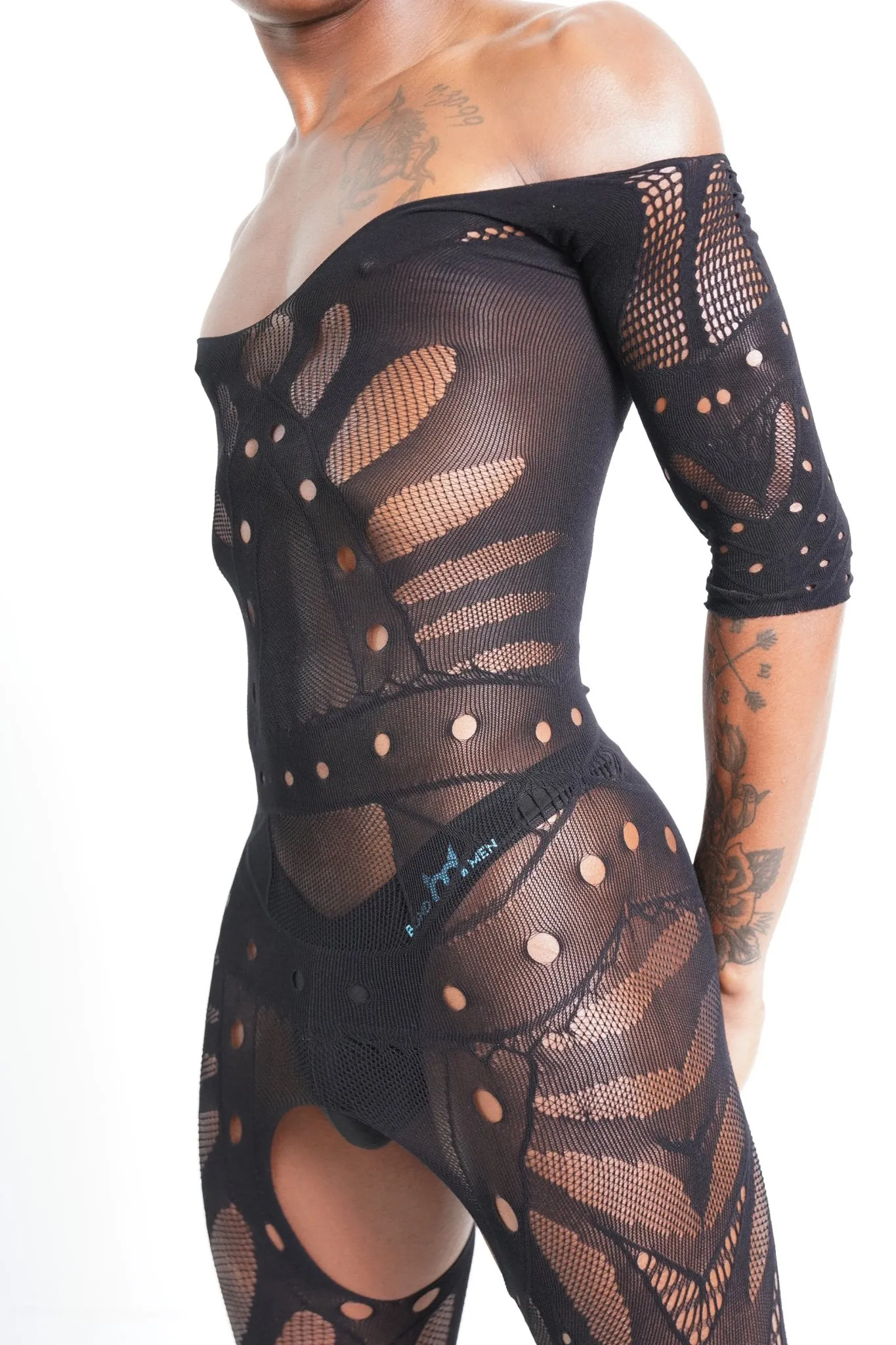 Black Hollow Mesh Sleeve Bodysuit