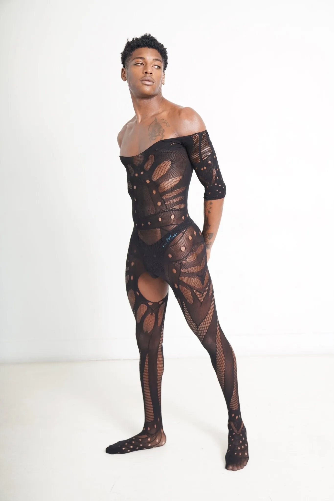 Black Hollow Mesh Sleeve Bodysuit
