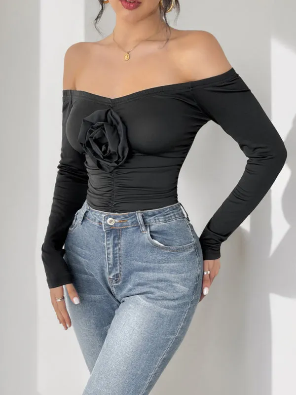 Black Off-Shoulder Floral Bodysuit for Night Out