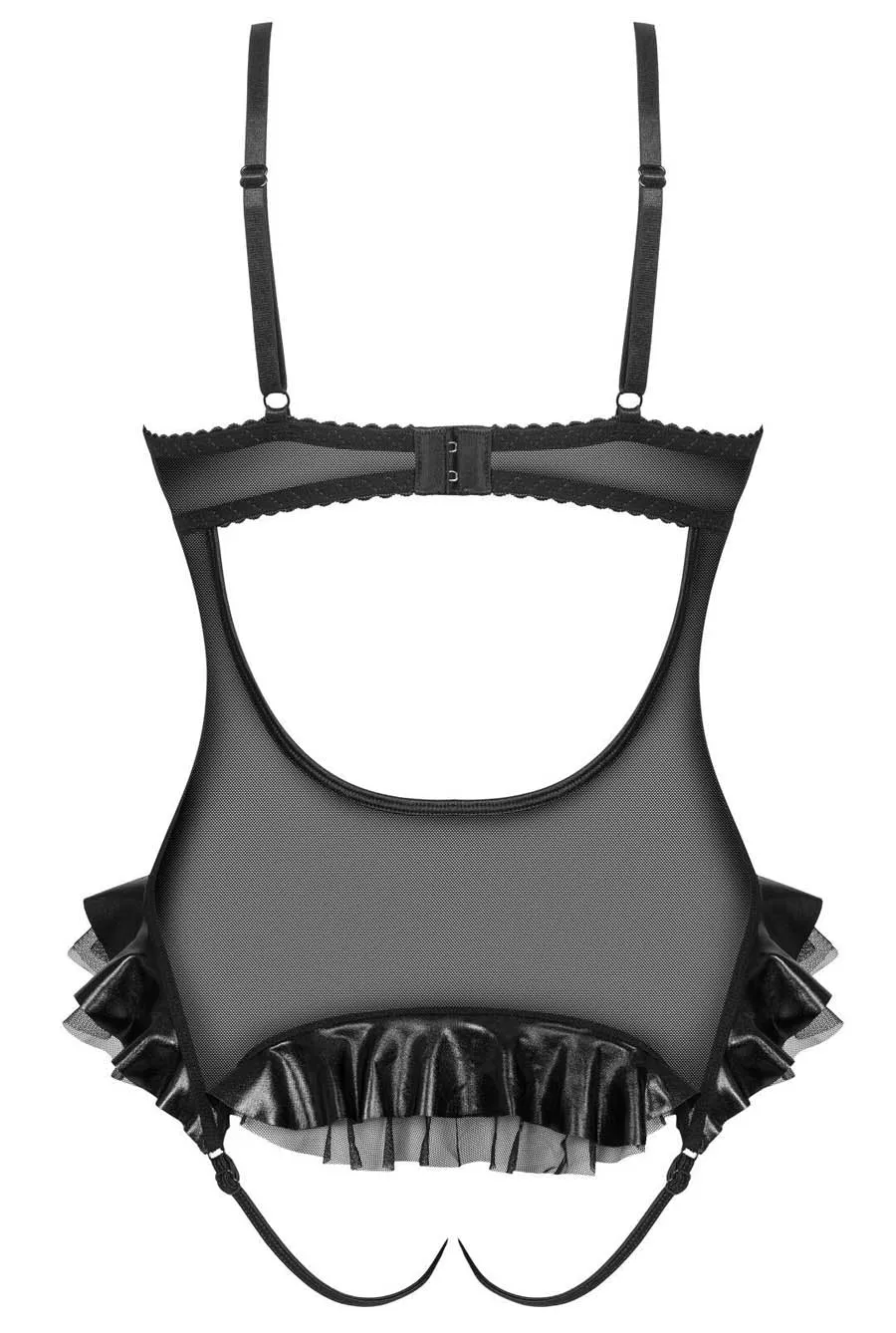 Black Wet Look Leather Crotchless Teddy