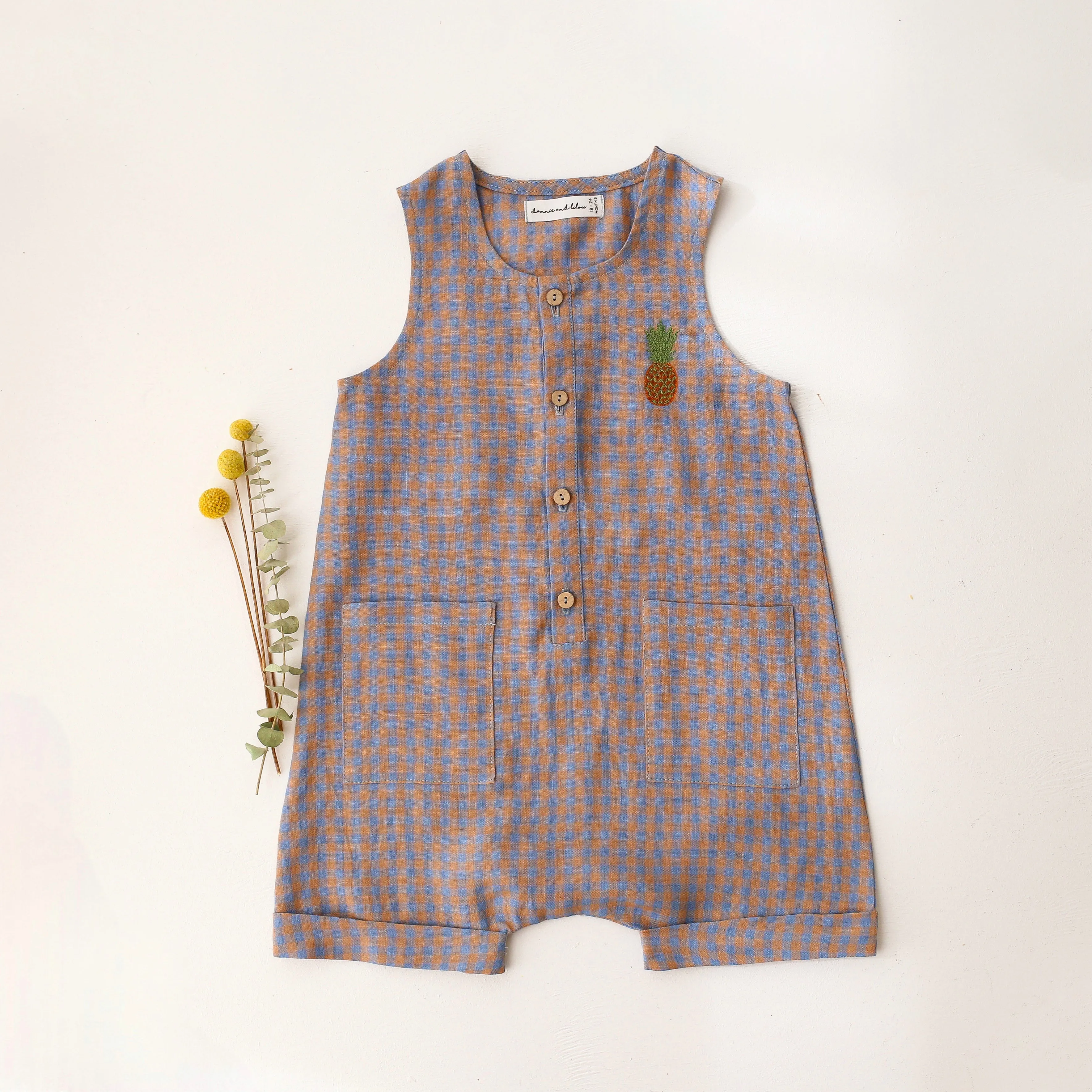 Blue & Peach Gingham Linen Short Legs Tank Jumpsuit with Pineapple Embroidery