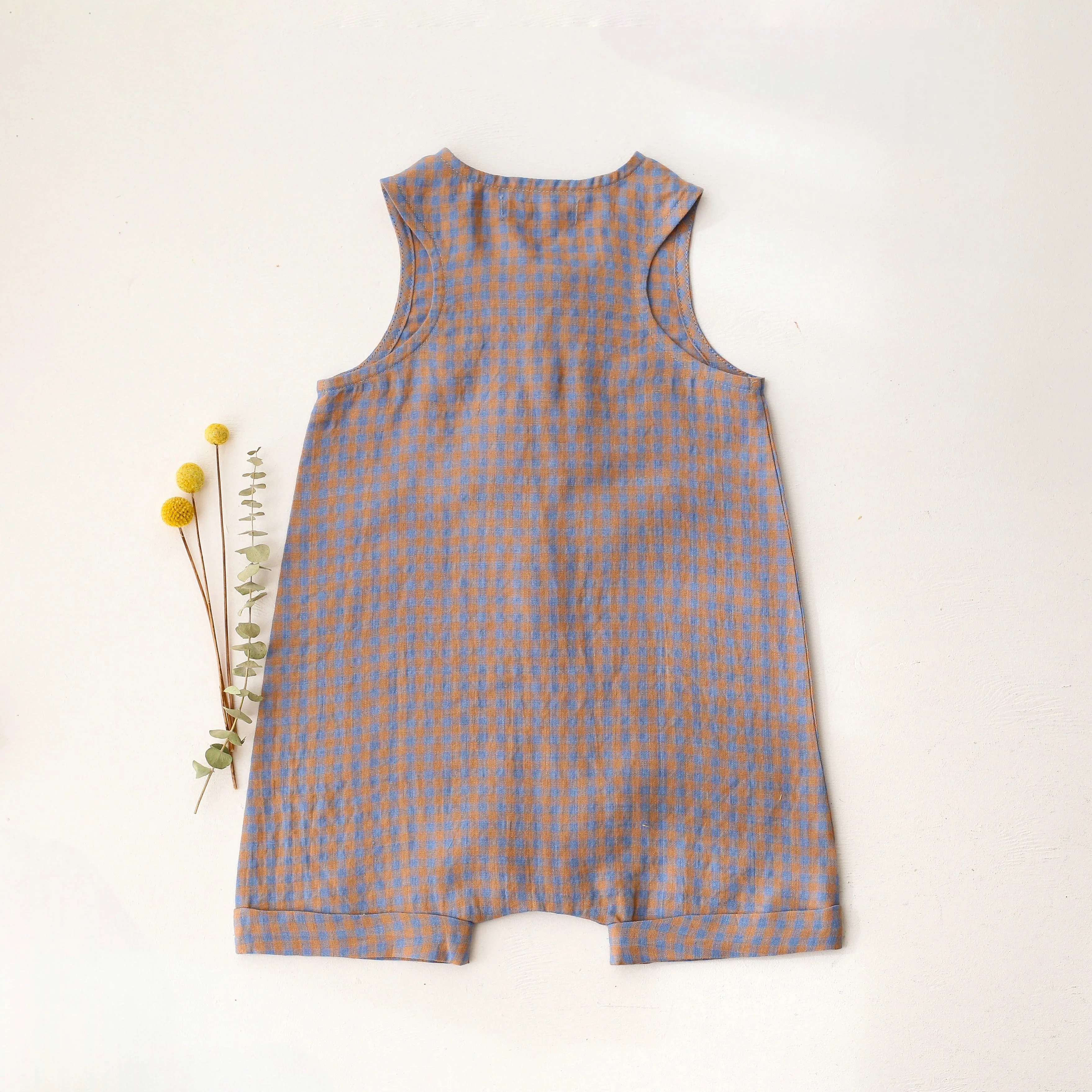 Blue & Peach Gingham Linen Short Legs Tank Jumpsuit with Pineapple Embroidery
