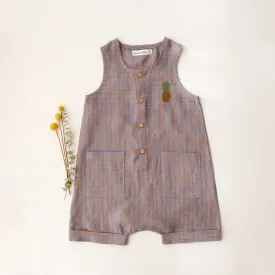 Blue & Peach Gingham Linen Short Legs Tank Jumpsuit with Pineapple Embroidery