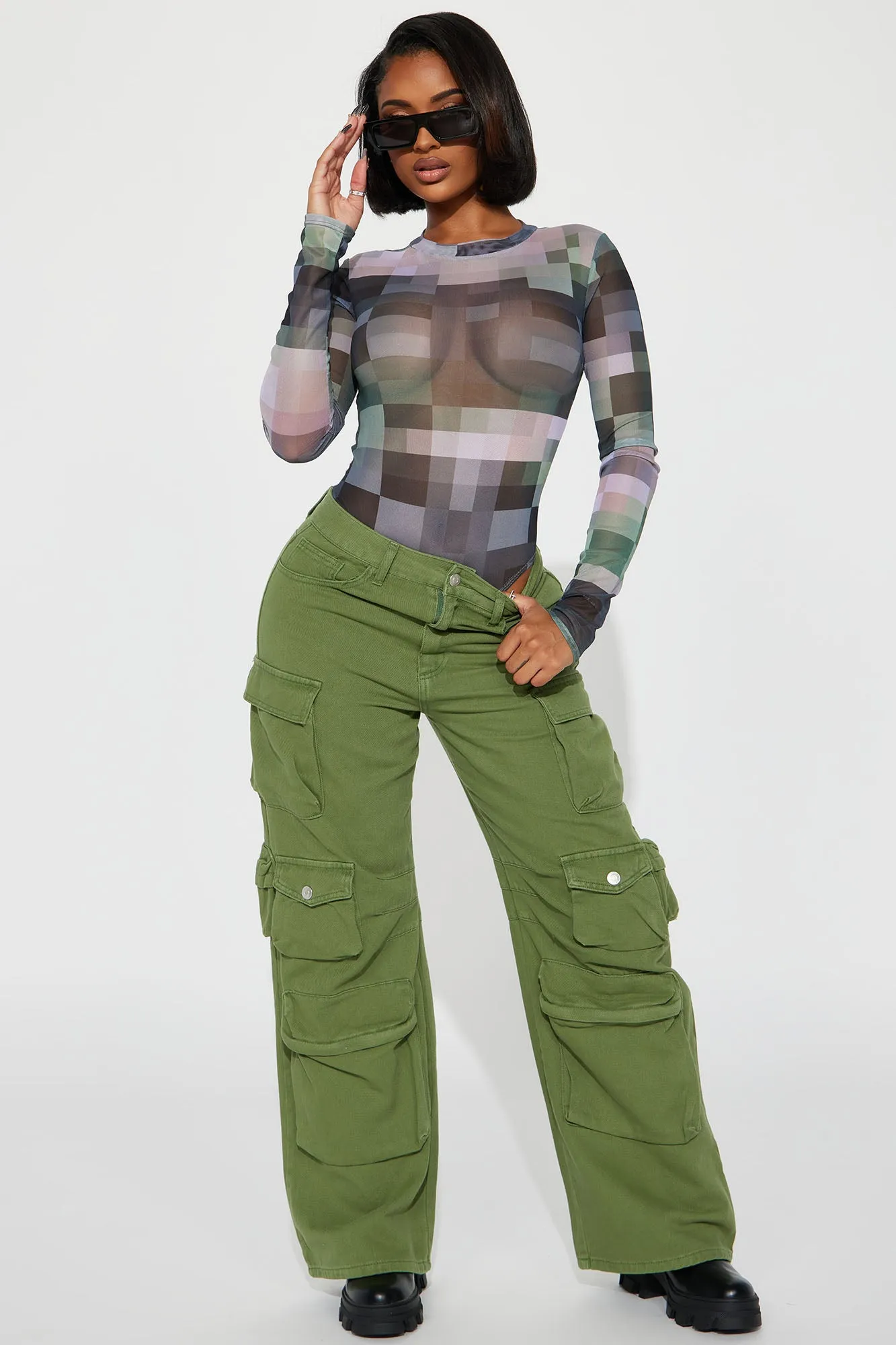 Blurry Moment Mesh Bodysuit - Olive/combo