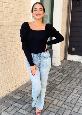 Bobi Long Sleeve Square Neck Shirred Sleeve Top ***FINAL SALE***