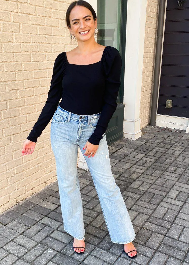 Bobi Long Sleeve Square Neck Shirred Sleeve Top ***FINAL SALE***