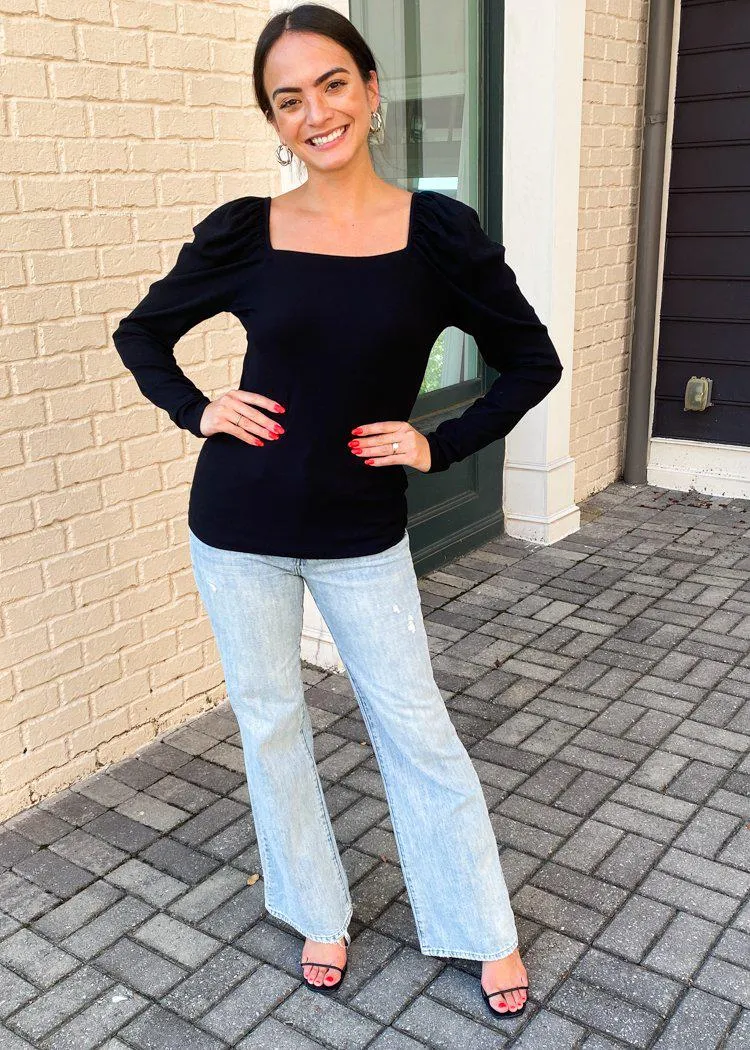 Bobi Long Sleeve Square Neck Shirred Sleeve Top ***FINAL SALE***