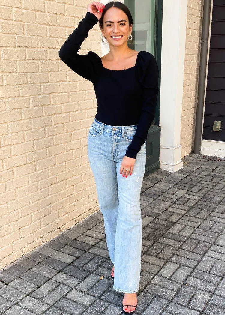 Bobi Long Sleeve Square Neck Shirred Sleeve Top ***FINAL SALE***