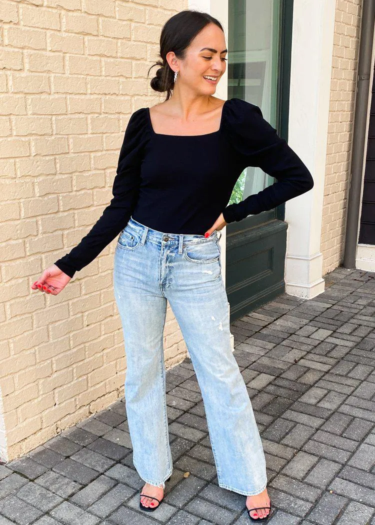 Bobi Long Sleeve Square Neck Shirred Sleeve Top ***FINAL SALE***