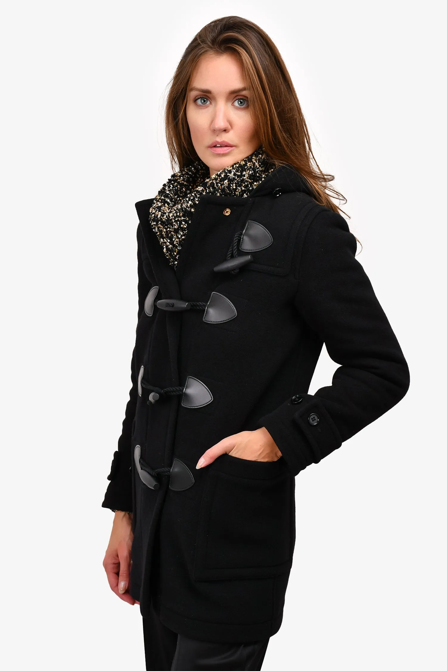 Burberry London Black Wool Blend Peacoat with Hood Size 2 US