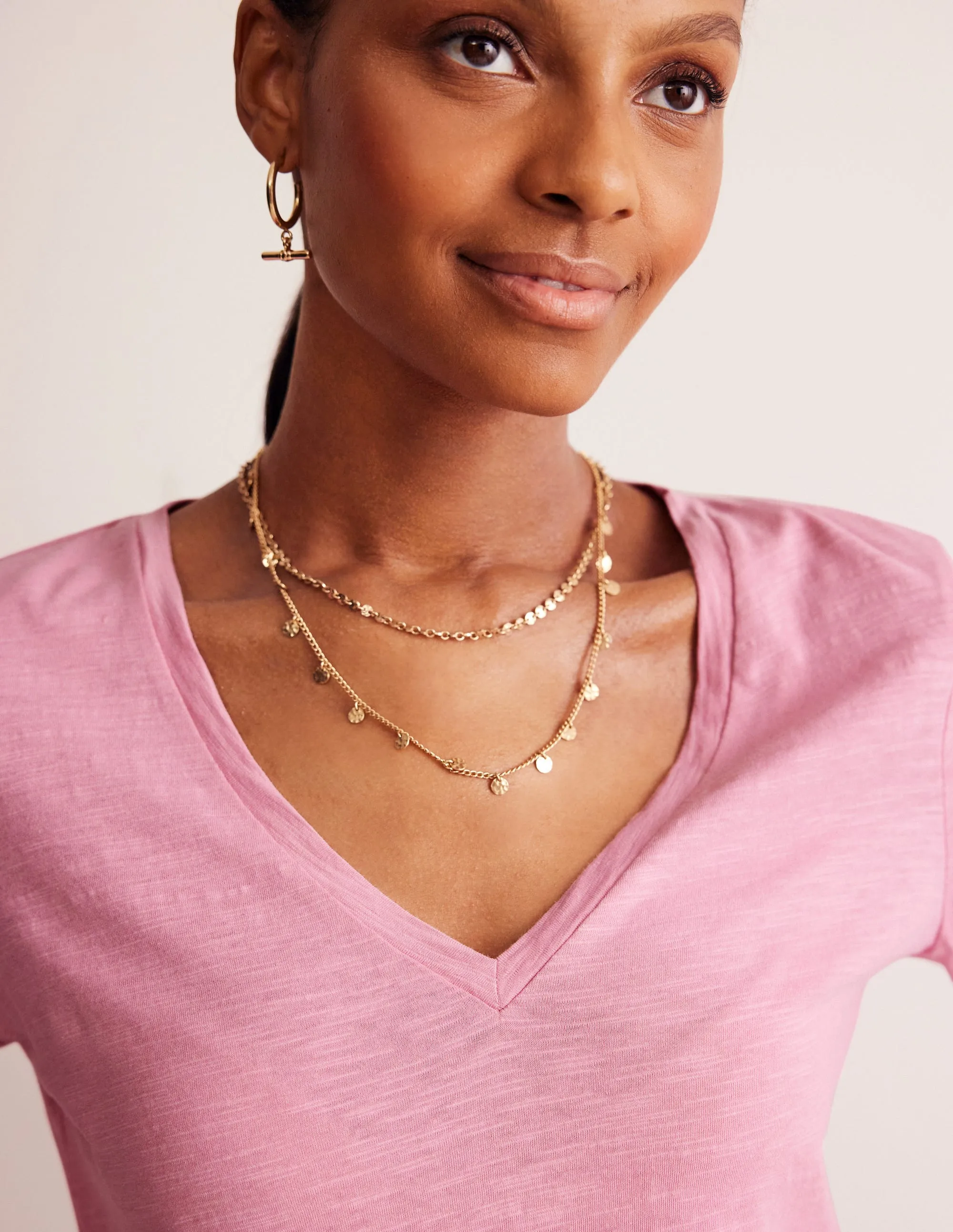 Cotton V-Neck Long Sleeve Top-Old Rose