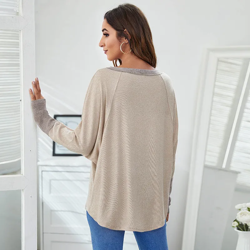 Crew Neck Contrast Casual Batwing Sleeve T-Shirt Wholesale