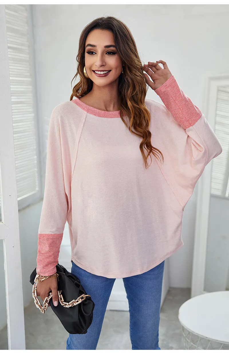 Crew Neck Contrast Casual Batwing Sleeve T-Shirt Wholesale