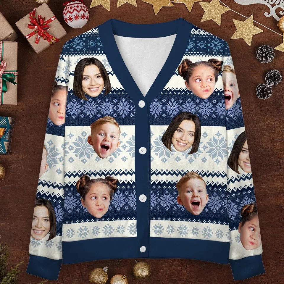 Custom Face Blue White Ugly Christmas Cardigan Ugly Sweater Photo Season's Greetings Gift For Family