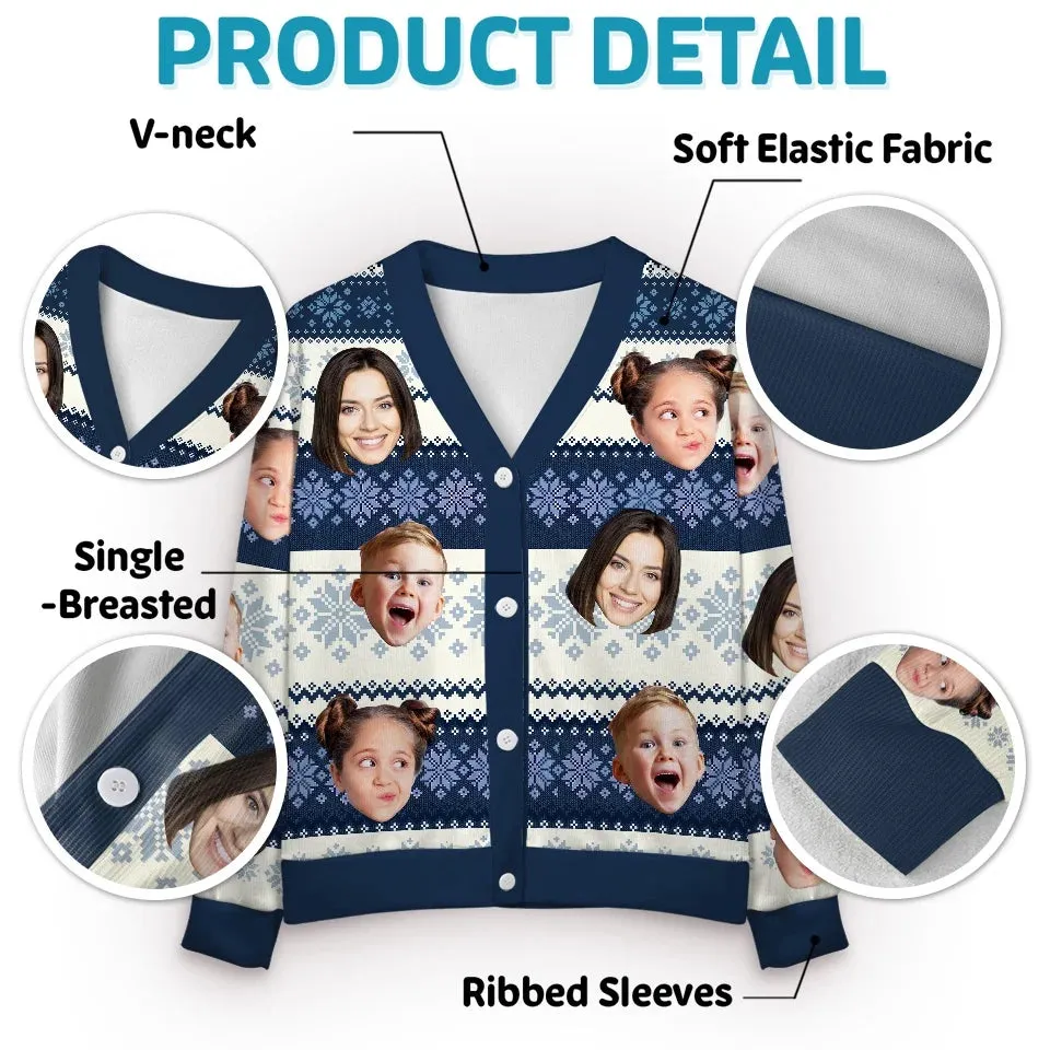 Custom Face Blue White Ugly Christmas Cardigan Ugly Sweater Photo Season's Greetings Gift For Family