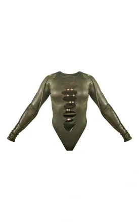 Dark Khaki Disco Cut Out Silver Detail Bodysuit
