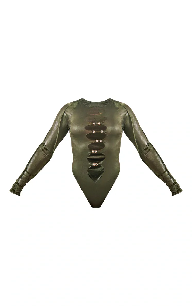 Dark Khaki Disco Cut Out Silver Detail Bodysuit