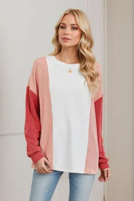 Double Take Texture Contrast Round Neck Long Sleeve T-Shirt