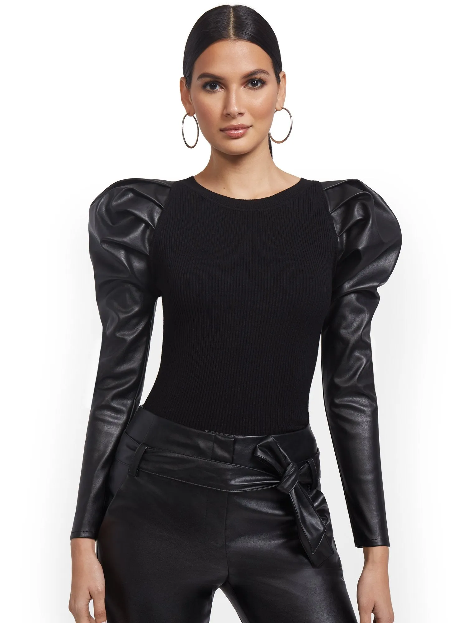 Faux-Leather Sleeve Sweater