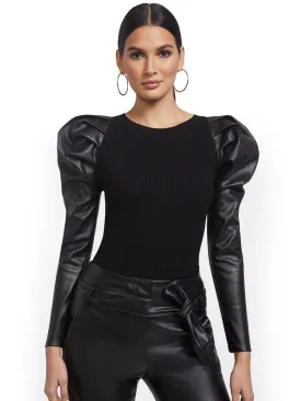Faux-Leather Sleeve Sweater